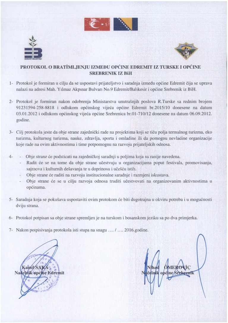 protokol o bratimljenju opcine Srebrenik sa turskom opcinom Edremit