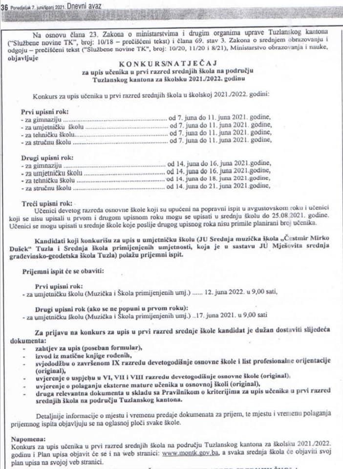 Počeo upis u prvi razred srednjih škola u Tuzlanskom kantonu 1 upis